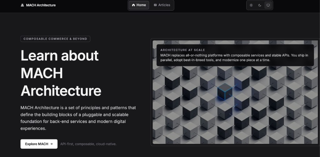 Screenshot of the MACH Architecture site homepage showing composable enterprise architecture content and navigation